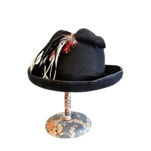 1960s Black Vintage Men's Look Fedora Style Formed Felt Hat Feathers Brimmed